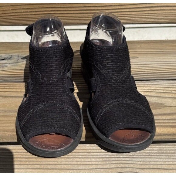 BZees Sandals Womens 9 Dream Wedge Heels Strappy Black Fabric Hook And Loop - Picture 2 of 9